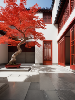 庭院，红色枫叶树，石板地，4K超清，中国风，宁静，阳光明媚，古朴典雅，中国风
