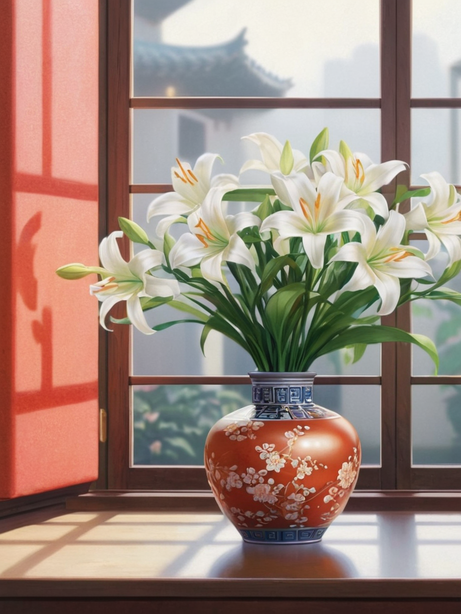 国风美学百合插花静物画