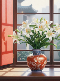 一幅具有中国画风的静物画，画面聚焦于窗户旁的花瓶和其中的花， 特写中应包含一束或几朵白色香水百合，花朵和叶子的细节要精细描绘