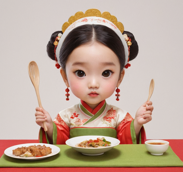 卡通Q版小女孩吃饭模型