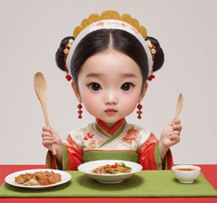 卡通手绘，Q萌的唐代小宫女，各种吃东西的可爱动作，可爱小女孩，干净的白色背景