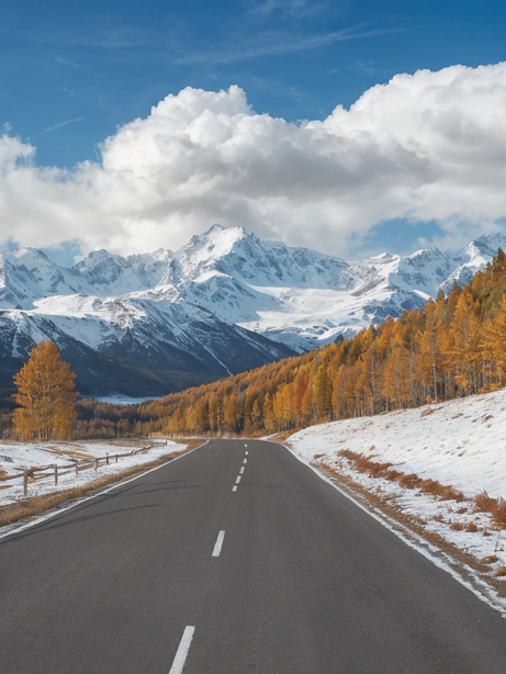 雪山脚下的公路风景实拍图