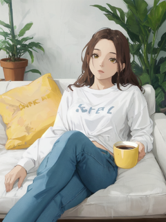 
漂亮的女孩睡在沙发上，穿着蓝色牛仔裤和白色上衣，手里拿着黄色枕头。周围是绿色的植物，旁边有一张咖啡桌。在动漫的风格中，一幅可爱的图画以舒适的客厅为背景，配以色彩和柔和的灯光，营造出梦幻般的氛围