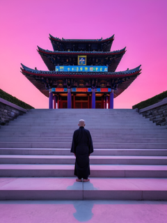 禅宗建筑的极简主义超高清摄影，采用极其简约的建筑设计。这座寺庙只由一盏彩色发光的霓虹灯组成。一个极小的人站在通往它的台阶前。黄昏时分，蓝色和粉色的天空