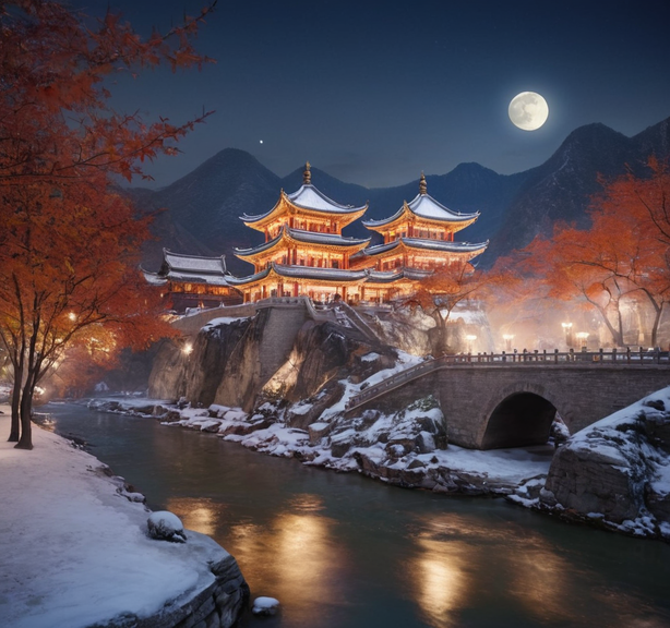 雪夜下的中国古建筑