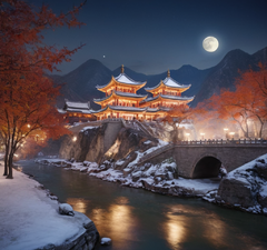 超逼真的中国古代CG渲染，溪流旁有一条瀑布，江南古建筑旁，傍晚时分，枫树与乳白色的叶子树，雪景，天空中的月亮