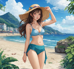 在海边，有一个20岁左右五官精致的女生，两条腿，在海边玩耍，大长腿，身体正常