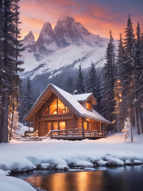 冬日雪山脚下的小木屋