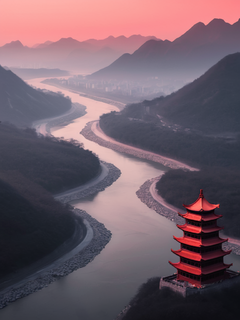 黎明时分汹涌的钛灰色山脉的鸟瞰图。河上有一座中国红色的古塔，平面设计采用插图风格和极简主义艺术风格。高质量、高细节