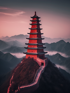 黎明时分汹涌的钛灰色山脉的鸟瞰图。一座中国红色的古塔，平面设计采用插图风格和极简主义艺术风格，高质量、高细节