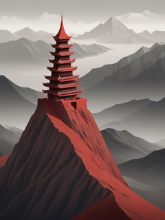 鸟瞰图，钛灰色的连绵山脉和一座红色的古塔，平面设计采用插图风格和极简主义艺术风格，高质量、高细节