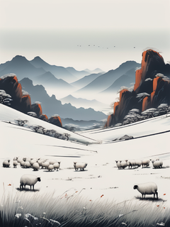 金碧山水画，扁平插画，极简主义，片草原，一排小羊，远处一座雪山，白雪皑皑，视觉冲击力，水平构图，张大千，陈家泠，岩彩板绘