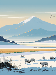 金碧山水画，扁平插画，极简主义，片草原，一排小羊，远处一座雪山，白雪皑皑，视觉冲击力，水平构图，张大千，陈家泠，岩彩板绘