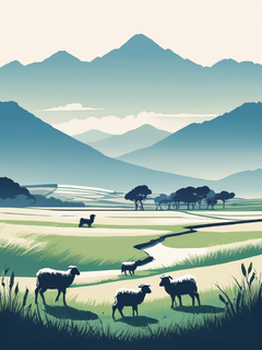 金碧山水画，扁平插画，极简主义，片草原，一排小羊，远处一座雪山，白雪皑皑，视觉冲击力，水平构图，张大千