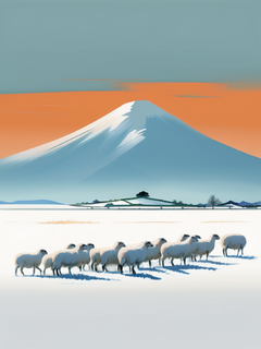 金碧山水画，扁平插画，极简主义，片草原，一排小羊，远处一座雪山，白雪皑皑，视觉冲击力，水平构图，张大千，橙色，蓝色，白色，绿色