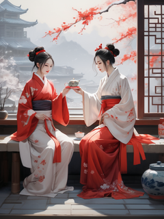 人物穿着汉服围炉喝茶、中式发髻，明亮且有质感的红白配色，开阔的画面、门窗墨迹、红色梅花，飘雪，色彩的体积感和质感恰当的留白、画面生机勃勃的氛围，水平构图，岩彩板绘