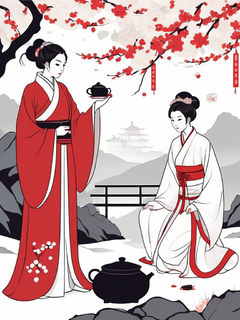 人物穿着汉服围炉喝茶、中式发髻，明亮且有质感的红白配色，开阔的画面、门窗墨迹、红色梅花，飘雪，色彩的体积感和质感恰当的留白、画面生机勃勃的氛围，水平构图，岩彩板绘