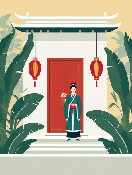一幅汉服微型人物矢量插图