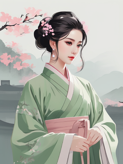 穿着汉服的女性插画，中式发簪，中国色浅粉色和浅豆绿配色，低饱和度但不灰暗，意境，留白，东方美学