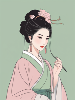 穿着汉服的女性插画，中式发簪，中国色浅粉色和浅豆绿配色，低饱和度但不灰暗，意境，留白，东方美学