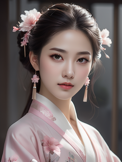 穿着汉服的女性插画，中式发簪，中国色浅粉色和浅白配色，低饱和度但不灰暗，意境，留白，东方美学