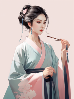 穿着汉服的女性插画，中式发簪，中国色浅粉色晕染配色，低饱和度但不灰暗，意境，留白，东方美学
