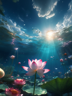 夏日水下画卷，超广角视野，云朵糖果般漂浮，莲花与星夜交织，光影变幻，3d立体，托马斯·金凯德风格，cg society热门，柔光映照，童话梦境，高清8k，细腻光影，梦幻色彩