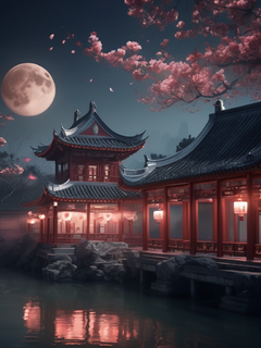 古代中国超现实cg渲染，天空孔明灯闪烁，江南古建筑映衬，夜晚街道宁静，桃花飘落月亮之上，8k高清，超现实主义摄影纪实。孔明灯,古建筑,江南风光,夜景,桃花,月亮,8k,hd,超现实主义,摄影纪实,发光,宁静,飘落,闪烁,高清,夜晚,桃花,月亮,古建筑,江南,孔明灯