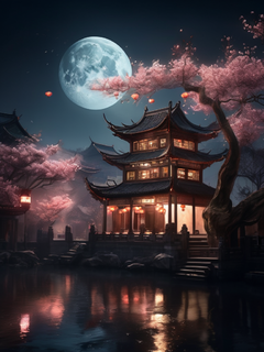 古代中国超现实cg渲染，天空孔明灯闪烁，江南古建筑映衬，夜晚街道宁静，桃花飘落月亮之上，8k高清，超现实主义摄影纪实。孔明灯,古建筑,江南风光,夜景,桃花,月亮,8k,hd,超现实主义,摄影纪实,发光,宁静,飘落,闪烁,高清,夜晚,桃花,月亮,古建筑,江南,孔明灯
