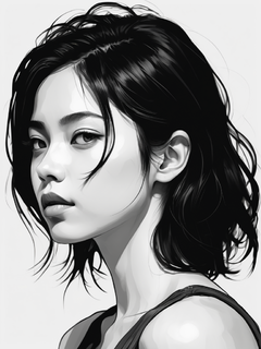 1个女孩，黑发，黑白肖像，特写，上身图像，手绘插图，极简主义图形，线条艺术，单色，大胆的轮廓，大胆的笔触，线条画，极简主义，白色背景
