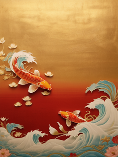 金线画。右下角是金箔色的水波和荷花。有两只锦鲤在嬉戏，风格极其禅意。其余的是一个空白的亮红色镀金背景。极简主义笔触，禅意意境，充满节日气息。16k