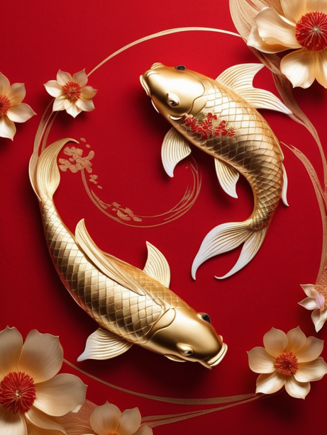 3d效果金红色锦鲤嬉戏图