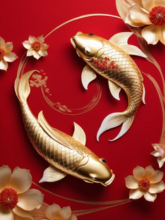 金线画。右下角是金箔色的水波和荷花。有两只锦鲤在嬉戏，风格极其禅意。其余的是一个空白的亮红色镀金背景。极简主义笔触，禅意意境，充满节日气息。16k
