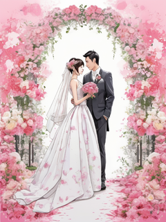 现代线条康，一幅卡通婚礼画，显示新郎和新娘，可爱的化身，微笑，大胆的轮廓，大胆的颜色，白色背景，粉色花拱门