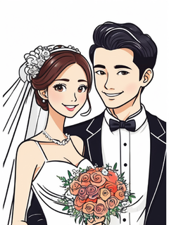 现代线条康，一幅卡通婚礼画，显示新郎和新娘，可爱的化身，微笑，大胆的轮廓，大胆的颜色，白色背景，蜡笔小新插画