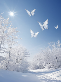 蝴蝶在雪地上飞舞的图像，以俏皮、梦幻般的图像风格，淡白色和银色，我简直不敢相信这是多么美丽，超现实的水，令人不安的异想天开，由水晶制成，明亮的阴影