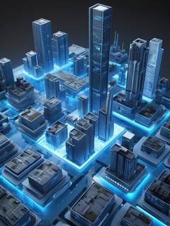等距网络计算机3D、模型、毛玻璃，未来主义城市建筑的几何3D渲染、云核风格的浅灰色和蓝色粗纹理、受图形设计启发的插图、新学院主义、流线型形式、欧几里得元素