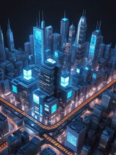 等距网络计算机3D、模型、毛玻璃，未来主义城市建筑的几何3D渲染、云核风格的浅灰色和蓝色粗纹理、受图形设计启发的插图、新学院主义、流线型形式、欧几里得元素