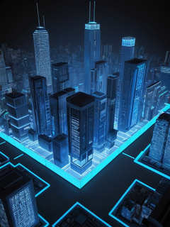 等距网络计算机3D、模型、毛玻璃，未来主义城市建筑的几何3D渲染、云核风格的浅灰色和蓝色粗纹理、受图形设计启发的插图、新学院主义、流线型形式、欧几里得元素