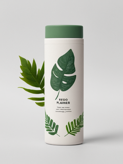 一个极简主义和现代的标签设计，用于两次洗脸，一个管子左侧用粗体无衬线字体写着“redo m Planner”，很多绿叶前景背景。品牌名称用英文字母写在右下角。他们面前是一块平坦的石头。柔和的自然光照亮了场景，投射出柔和的阴影。简单的背景与白色纹理纸形成对比。摄影是高分辨率摄影的风格。