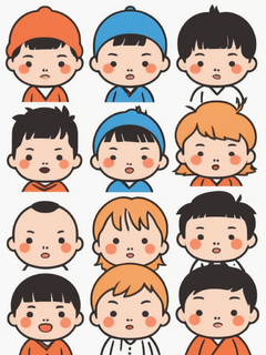 九个可爱的小男孩图标，韩国风格，大胆的线条画，卡通人物，白色背景，简单的线条，平面插图，简单的颜色，儿童读物插图风格，矢量图形风格，高分辨率