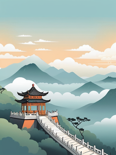 一幅中国山水画，描绘了一座山顶上的亭子，亭子前有金色的边界线和漂浮的白云，柔和的粉彩和极简主义背景上的空灵插图，类似于中国山水画风格的高分辨率和细节的海报设计
