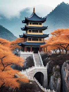 一幅中国山水画，描绘了一座山顶上的亭子，亭子前有金色的边界线和漂浮的白云，柔和的粉彩和极简主义背景上的空灵插图，类似于中国山水画风格的高分辨率和细节的海报设计