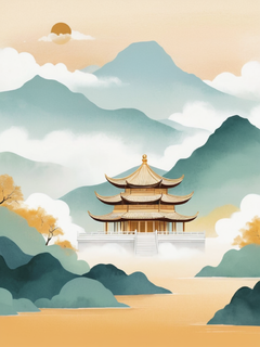 一幅中国山水画，描绘了一座山顶上的亭子，亭子前有金色的边界线和漂浮的白云，柔和的粉彩和极简主义背景上的空灵插图，类似于中国山水画风格的高分辨率和细节的海报设计