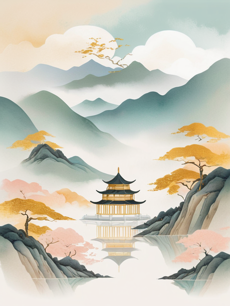 柔和粉彩极简中国山水画