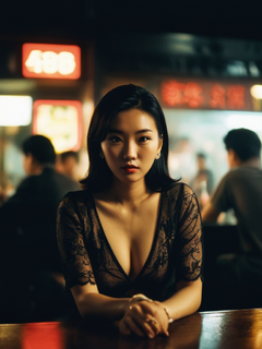 酒吧，90年代，前景模糊，坐着一位性感的香港女明星，镜头拍摄，动态构图摄影，王家卫电影风格