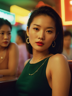 酒吧，霓虹灯，90年代，前景模糊，坐着一位性感的香港女明星，镜头拍摄，动态构图摄影，王家卫电影风格