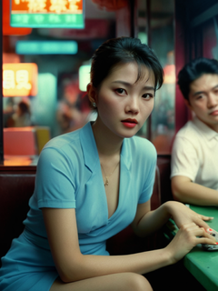 酒吧，霓虹灯，90年代，前景模糊，坐着一位风情万种的香港女明星，镜头拍摄，动态构图摄影，王家卫电影风格