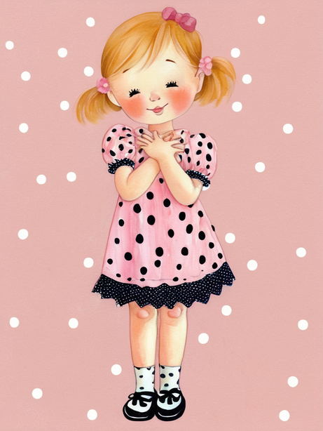 穿着波点小裙子的女孩水粉画