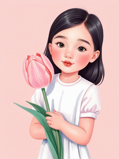 一个特别小的微型女孩儿形象拥抱着一支巨大的浅粉色郁金香花朵，矢量插画，柔和的粉彩色，童趣，创意，想象，水粉画